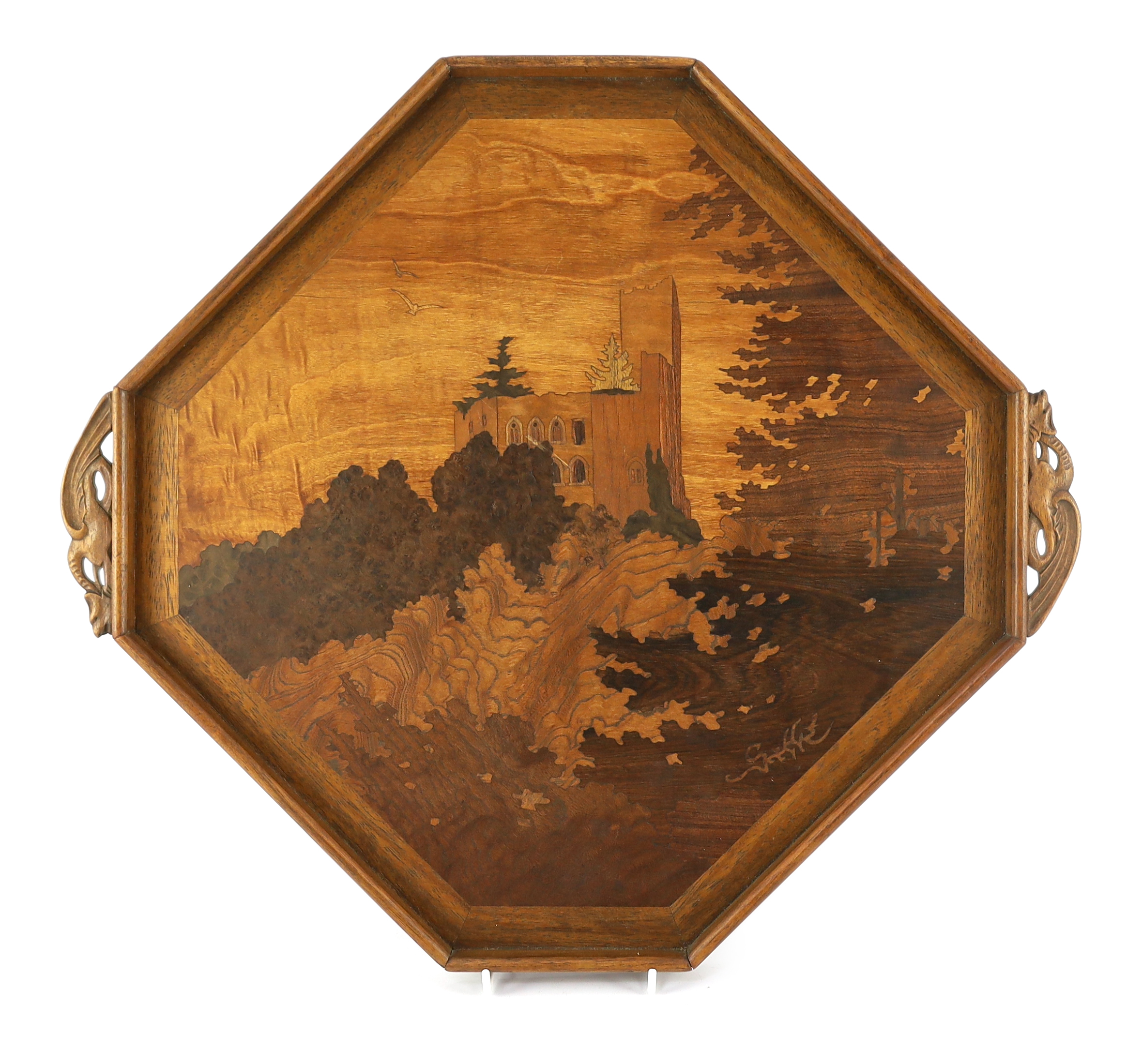 Émile Gallé (1846-1904). A marquetry tray with carved lizard handles